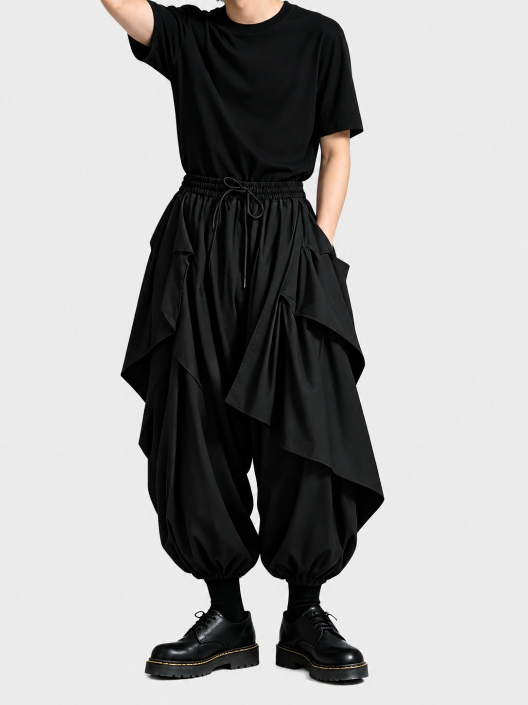 A45 Dark Men's Loose Skirt Pants, Japanese Style Drapey Casual Pants, Trendy High-Waist Irregular Wide-Leg Pants