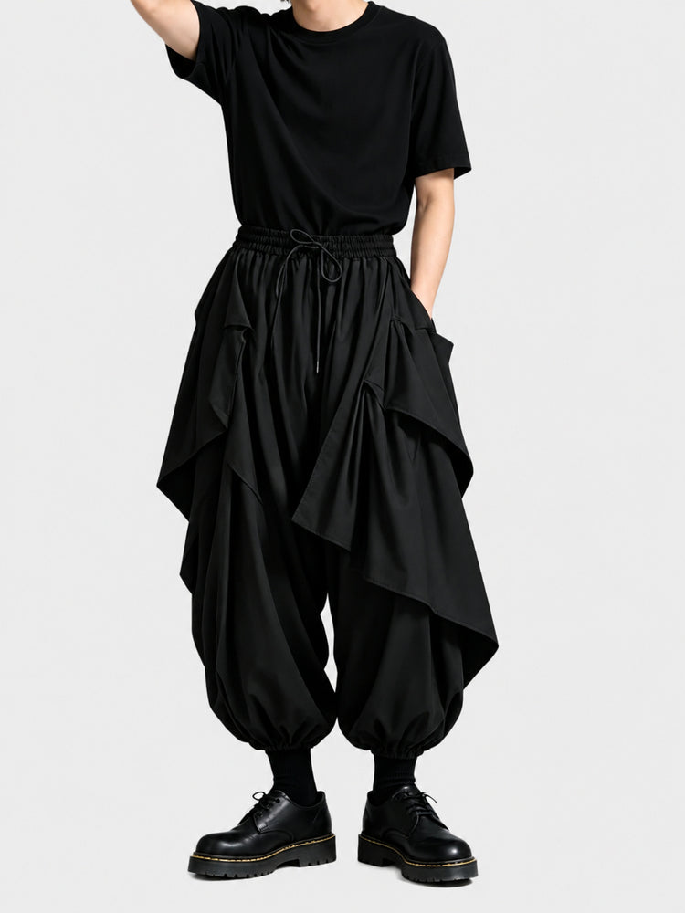 A45 Dark Men's Loose Skirt Pants, Japanese Style Drapey Casual Pants, Trendy High-Waist Irregular Wide-Leg Pants