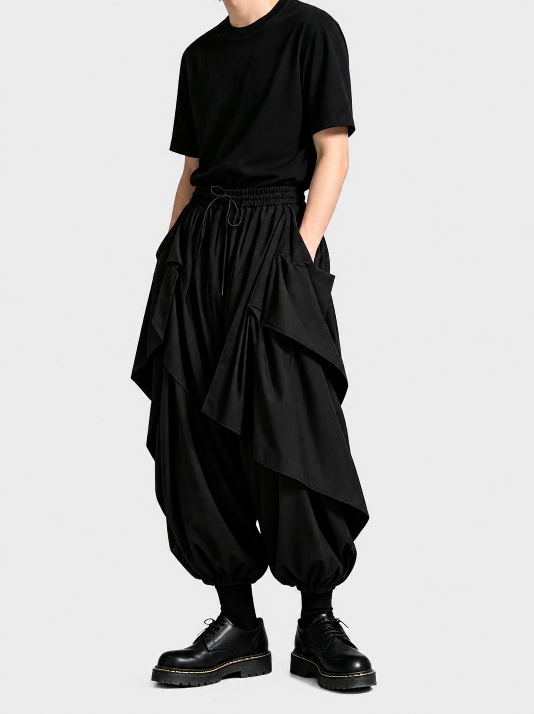 A45 Dark Men's Loose Skirt Pants, Japanese Style Drapey Casual Pants, Trendy High-Waist Irregular Wide-Leg Pants