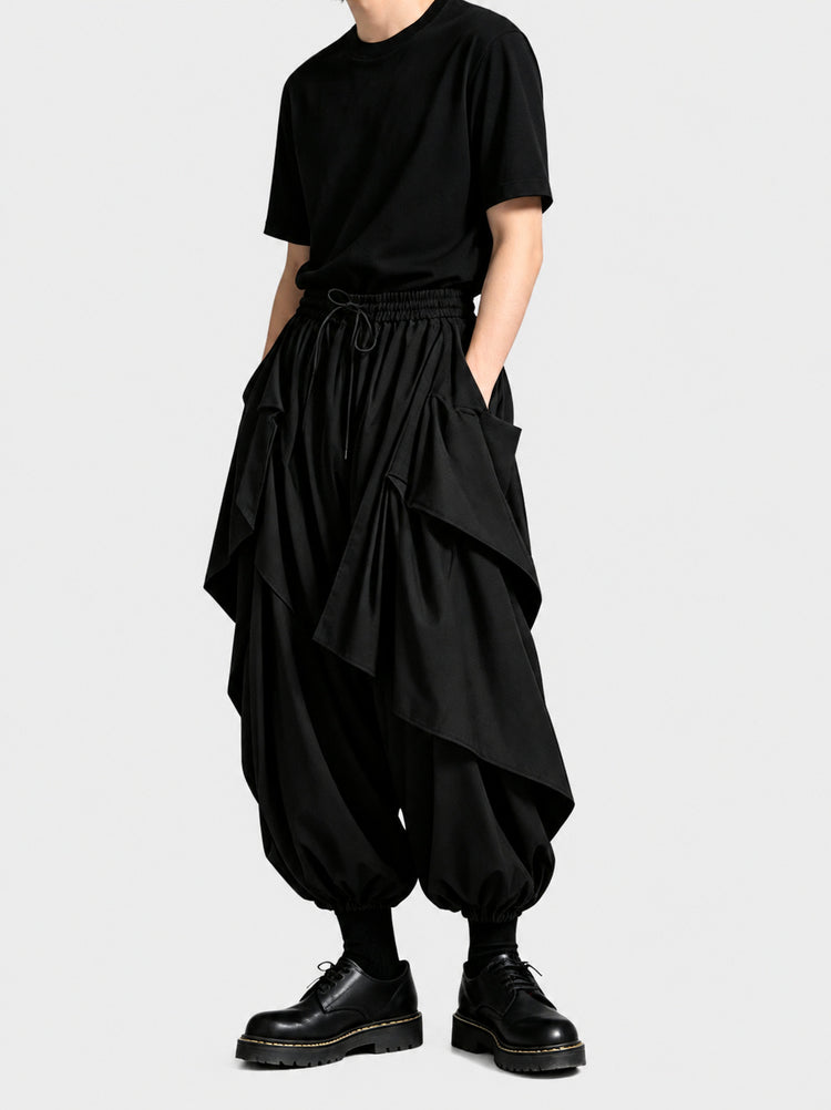 A45 Dark Men's Loose Skirt Pants, Japanese Style Drapey Casual Pants, Trendy High-Waist Irregular Wide-Leg Pants