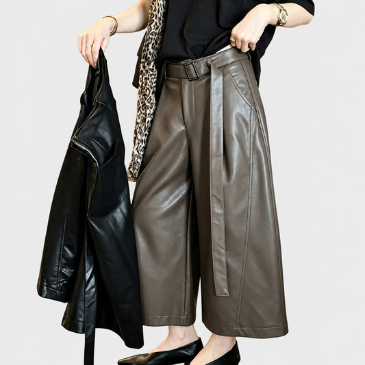 High-waisted seven-quarter PU leather wide-leg pants for women, loose drape, 2026 new autumn/winter high-waisted slimming loose three-quarter mid-length pants