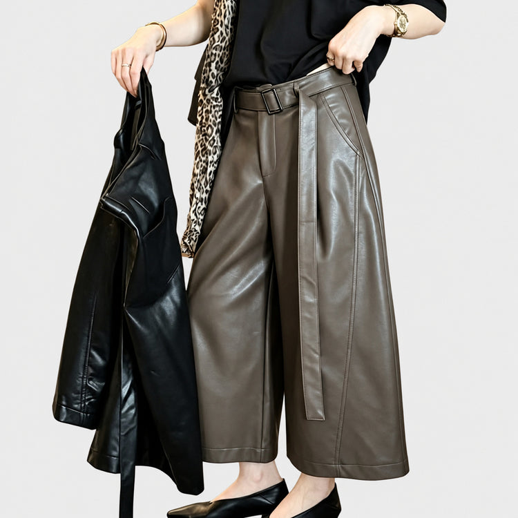 High-waisted seven-quarter PU leather wide-leg pants for women, loose drape, 2026 new autumn/winter high-waisted slimming loose three-quarter mid-length pants