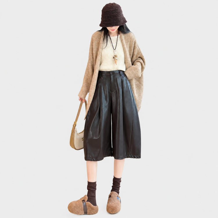 Autumn new Korean old money style retro three-quarter wide-leg leather pants, drapey versatile casual leather pants for women
