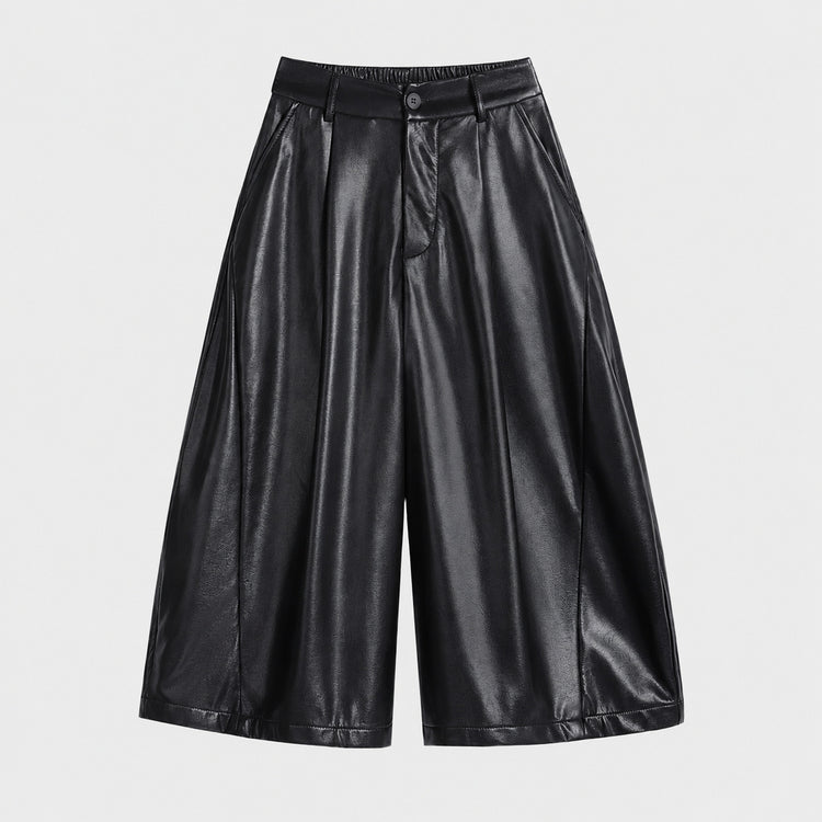 Autumn new Korean old money style retro three-quarter wide-leg leather pants, drapey versatile casual leather pants for women
