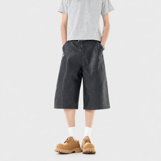 Loose retro Japanese workwear style 2026 trendy men's pants, black three-quarter wide-leg pants, men's versatile casual pants