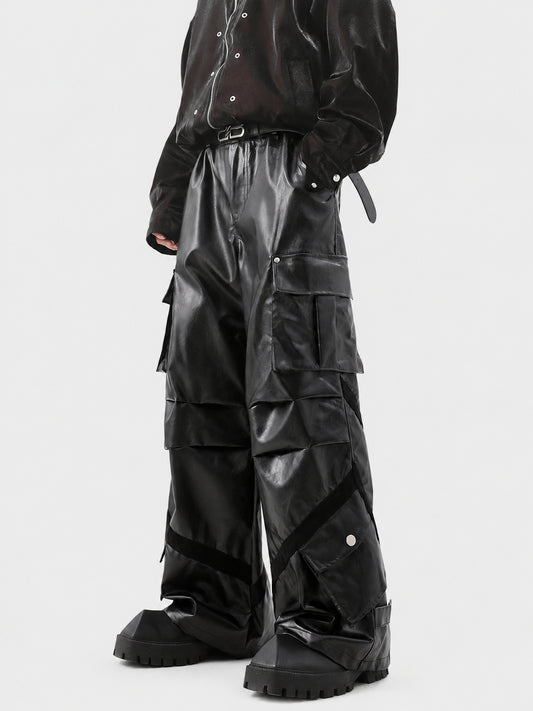 American high-end wide-leg cargo leather pants men's mopping black PU leather slacks niche design sense deconstructed pants