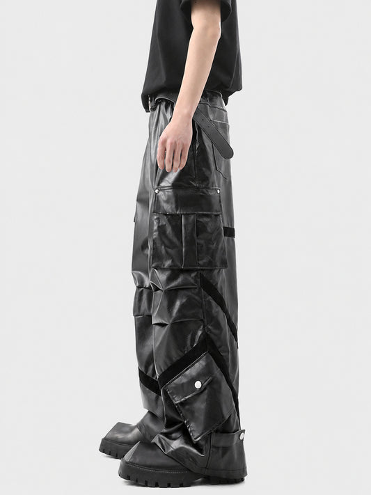 American high-end wide-leg cargo leather pants men's mopping black PU leather slacks niche design sense deconstructed pants