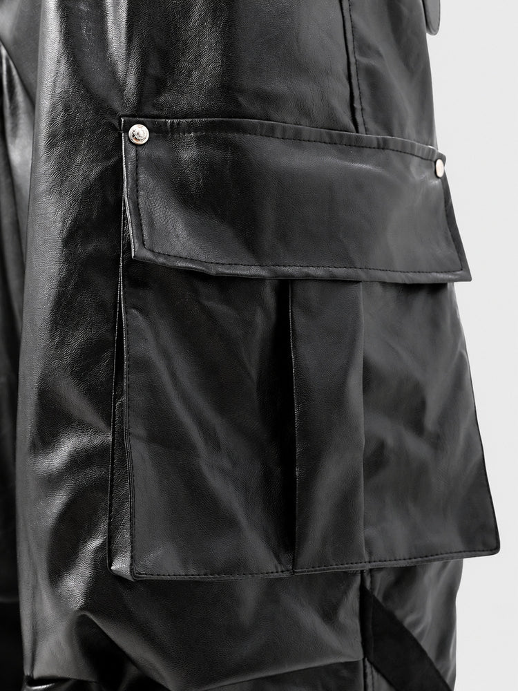 American high-end wide-leg cargo leather pants men's mopping black PU leather slacks niche design sense deconstructed pants