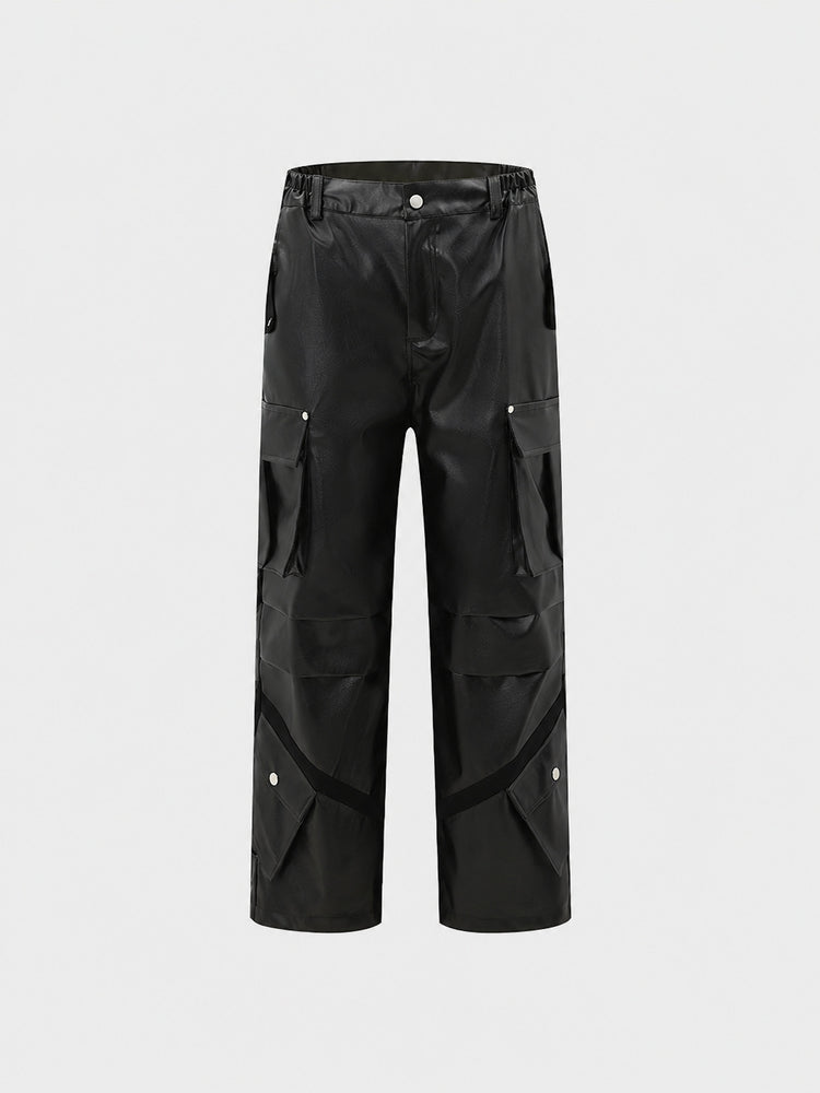 American high-end wide-leg cargo leather pants men's mopping black PU leather slacks niche design sense deconstructed pants
