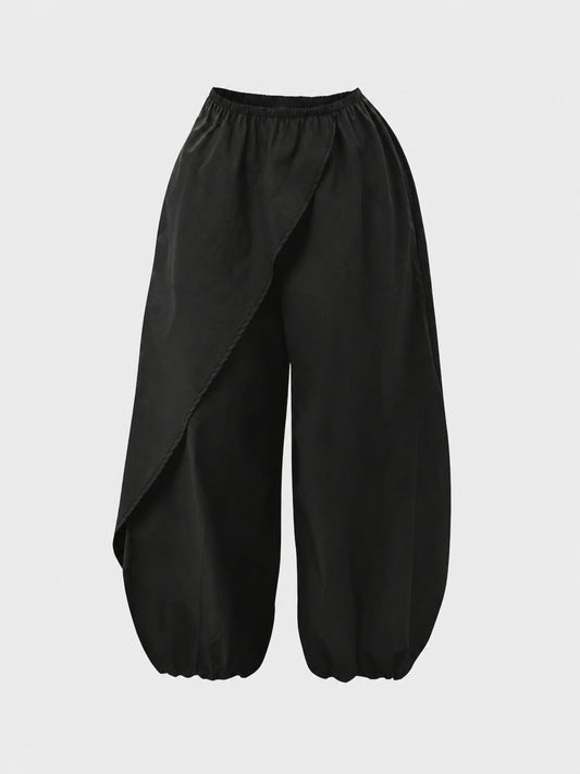 Women's cropped pants, solid color spring/summer design layered lantern pants, high-waisted elastic waist loose cropped pants, casual wear