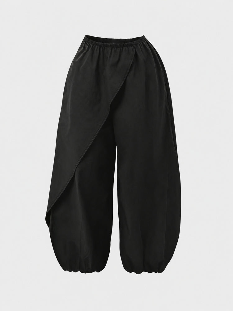Women's cropped pants, solid color spring/summer design layered lantern pants, high-waisted elastic waist loose cropped pants, casual wear
