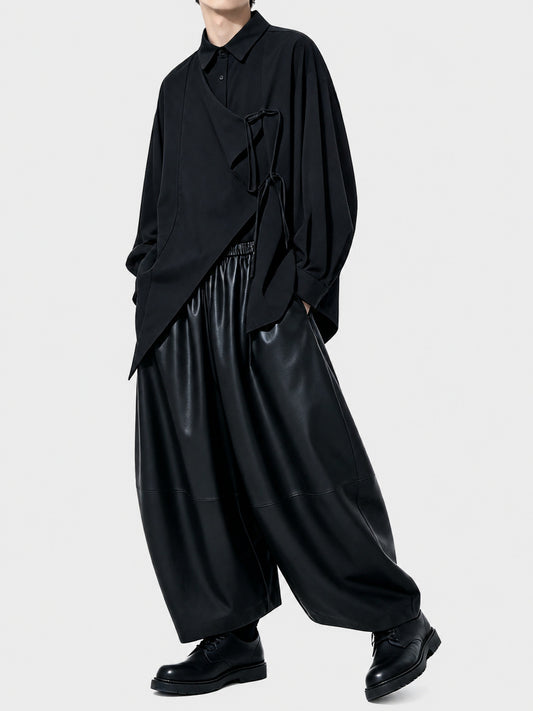 A164 Japanese Style Dark Yoshi Style Design Men's Loose Wide-Leg Leather High-Waist Protein PU Soft Casual Pants