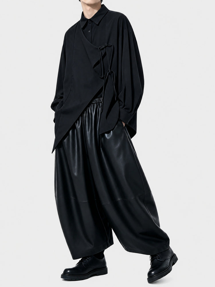 A164 Japanese Style Dark Yoshi Style Design Men's Loose Wide-Leg Leather High-Waist Protein PU Soft Casual Pants