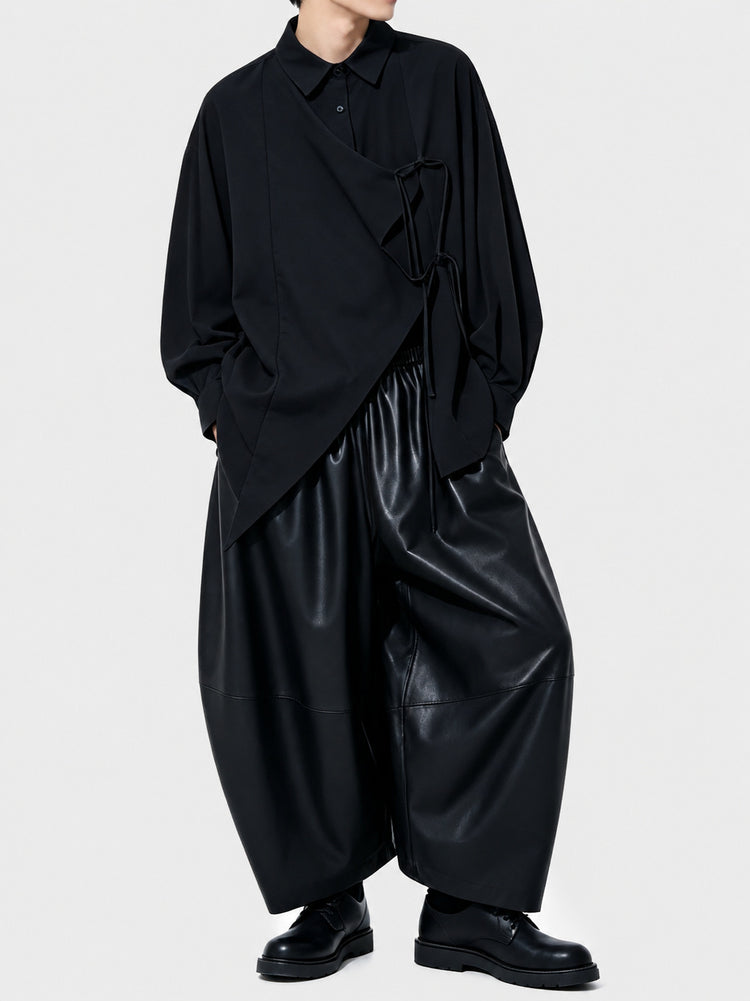 A164 Japanese Style Dark Yoshi Style Design Men's Loose Wide-Leg Leather High-Waist Protein PU Soft Casual Pants
