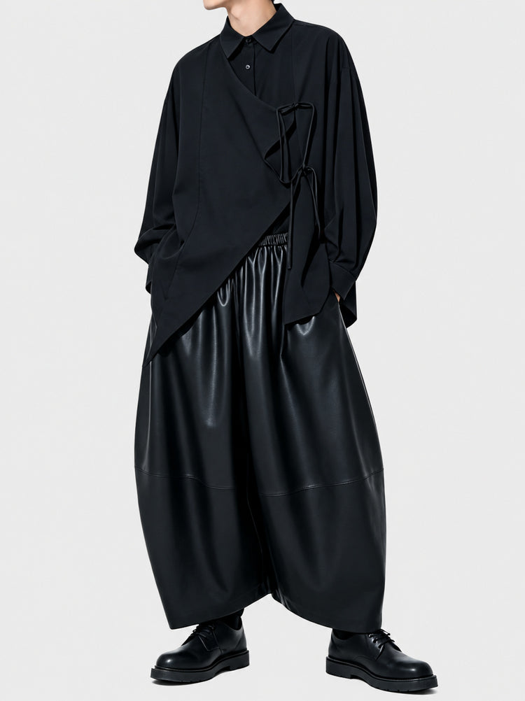 A164 Japanese Style Dark Yoshi Style Design Men's Loose Wide-Leg Leather High-Waist Protein PU Soft Casual Pants
