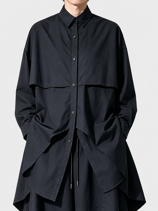 A166 black irregular cotton mid-length long-sleeve shirt for men, loose Japanese Yoshi style high-end shirt
