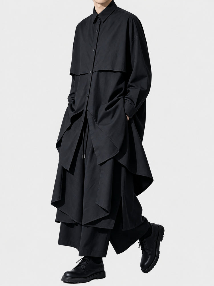 A166 black irregular cotton mid-length long-sleeve shirt for men, loose Japanese Yoshi style high-end shirt